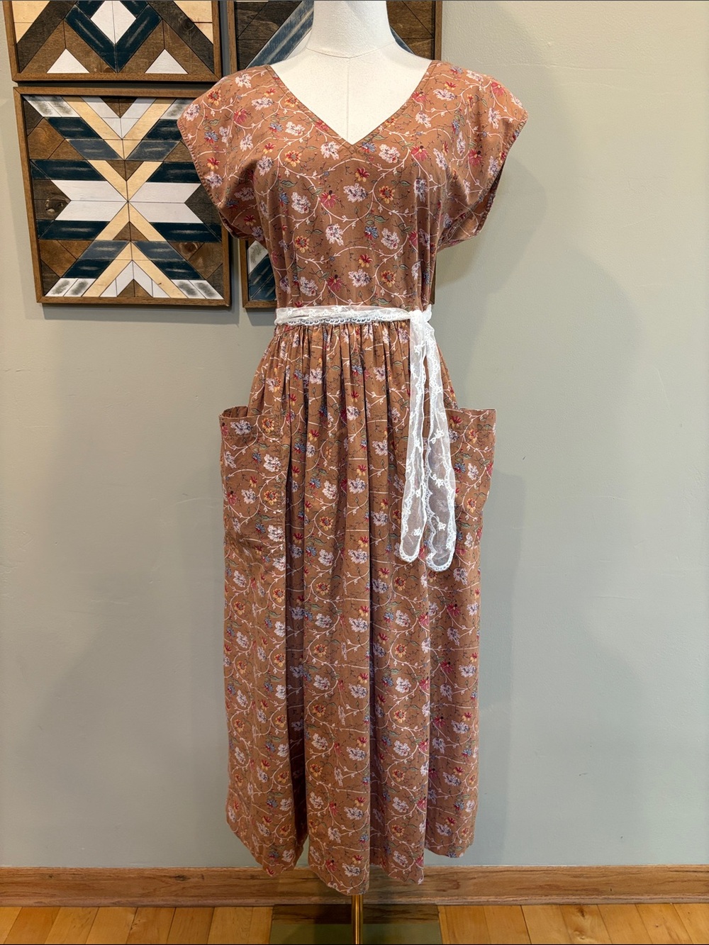 Vintage Ralph Lauren Blue Label 70s Floral Prairie V-Neck Open Back Dress 10